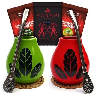Yerba Mate Tee Becher Set für Zwei | Mate-Tee Starter Set | Keramik tasse Hoja Rot 350ml und Hoja Grün 350ml mate tee becher | Edesthalm trinkhalm Bombilla und Yerba mate-tee aus Paraguya loose leaf