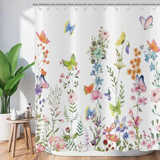 Hnmdmyi Duschvorhang Blumen 165x180, Bunte Blumen Grünes Blätter Duschvorhänge Aquarell Wildblume Pflanze Botanisch Badewanne Vorhang Wasserdicht Polyester Stoff Waschbar Badevorhang mit Haken