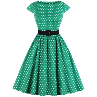 AXOE Damen Rockabilly Kleider 50er Jahre Baumwolle Gürtel Grün Hintergrund Weiß Polka Dots, Gr.40, L - L