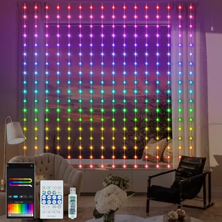 ZAIYW Smart Lichtervorhang RGB 5050 mit Integriertem Chip, 2,4M x 1,8M Vorhang Lichterkette Fernbedienung und APP Steuerung, USB 144 LED Lichterketten Vorhang für Party Hochzeit Innen Außen Deko
