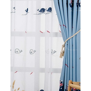 Lactraum Vorhang Kinderzimmer Junge Maritim mit Ösen Transparent Weiß Bestickt Delphin Möwe Tiere Voile 100 x 245cm
