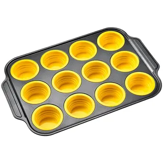Buhdjfnke Silikon-Muffinform mit Metallrahmen, Eierbissen-Maker-Silikonformen für Backen, Cupcake-Formen 12 Normale Größe Gelb