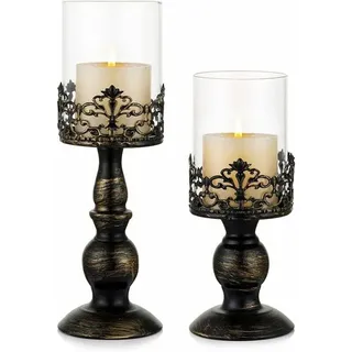 Vintage-windlicht-kerzenständer In Schwarz Im Used-look (2 Stück), Vielseitiger Glasfuß, Metallsockel, Kamindekoration (27 Cm & 33 Cm)