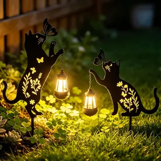 Solarstecker Solarlampen für Außen Garten, Katzen Solarleuchten Garten Metall Gartenstecker Solar Gartendeko für Draußen Wetterfest Katzen Fisch Gartenleuchten für Garten Wege Rasen Balkon Deko (A)