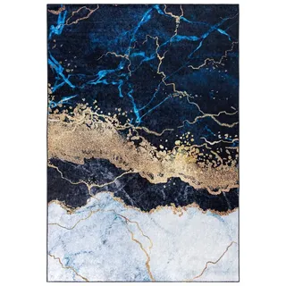 mazovia Modern Teppich - Kurzflor Waschbar - Weich Teppich für Wohnzimmer, Schlafzimmer, Esszimmer – Teppiche Marmor Abstrakt Muster - Blau Grau Gold 80 x 150 cm