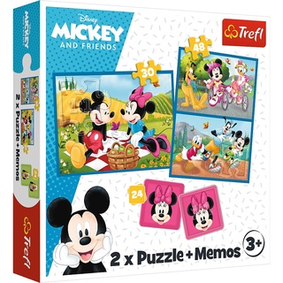 Trefl - Disney, Lerne die Disney-Helden kennen - 3in1: 2X Puzzle + Memory-Spiel, Puzzle mit Märchenhelden, 30 und 48 Elemente, Verschiedene Schwierigkeitsgrade, 24 Memos, Mickey Mouse