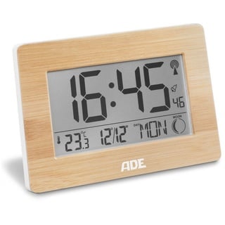 ADE Funktischuhr Digitale Tischuhr und Wanduhr mit großem Display Funkuhr aus Bambus mit Temperaturanzeige, digitaler Wecker, Kalender