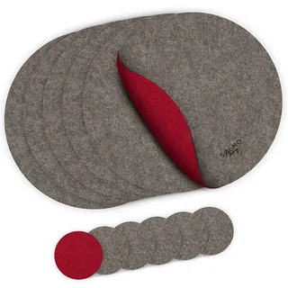 sølmo I Platzsets aus Filz - Rund Zweifarbig - Tischset mit Untersetzer I Filzuntersetzer Platzdeckchen, Untersetzer Teller + Glas Untersetzer-Set, Grau Rot