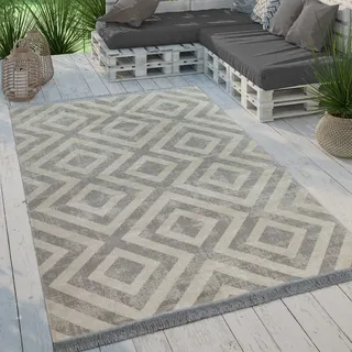 Paco Home Moderner Outdoor Teppich Geometrisches Rauten-Muster im Vintage-Look Flachgewebe Wetterfest & Pflegeleicht für Garten, Terrasse & Balkon, Grösse:60x100 cm, Farbe:Grau-Weiß