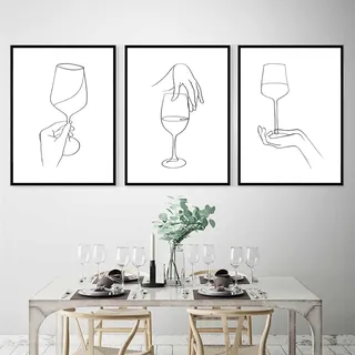 AWKFHF Leinwand Bild Minimalismus Küche Esszimmer Wein-Linienzeichnung Schwarz-Weiß-Abstraktes Bilder Leinwand Malerei Poster Kunstdruck Wohnzimmer Schlafzimmer Wand Deko (3X40X60CM,ohne Rahmen)