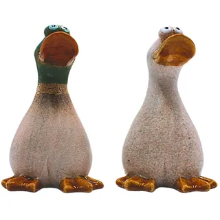 Dekohelden24 2er Set Dekofiguren Ente, Deko Enten Entenfiguren, aus Steingut in einem Braunton Größe einer Gartenfigur L/B/H 9 x 10 x 15 cm.
