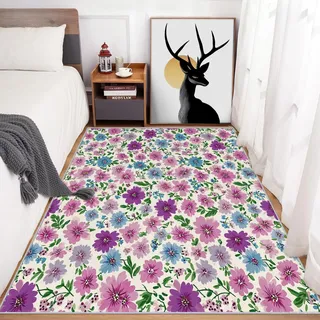 Generisch Rosa Lila Blau Blumen Teppich Klein 50 x 80 cm, Aquarellblumen Motiv Fußmatte Innen für Schlafzimmer Küche, rutschfest Waschbar Weich Kurzflor Eingangsteppich QAZ79