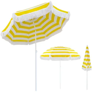Sonnenschirm Mit Fransen - 180cm Strandschirm Gelb Gestreift für Balkon, UV Schutz Gartenschirm Wasserdicht Mit Neigung, Tragbarer Marktschirm für Terrasse und Pool