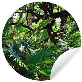 MuchoWow Wandsticker Schöne Muster von Blättern und Bäumen in einem Regenwald (1 St), Tapetenkreis für Kinderzimmer, Tapetenaufkleber, Rund, Wohnzimmer bunt