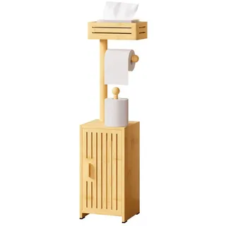 Yorbay Toilettenpapierhalter Schmaler Aufbewahrungsschrank mit Ablagefläche & Rollenhalter, Bambus Badezimmerschrank 20x17x73.5 cm
