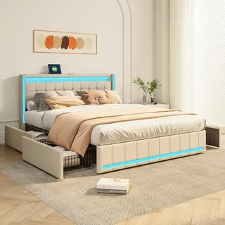 Bett (140 x 200 cm) mit Lattenrost, LED-Beleuchtung und USB-Anschluss, Bett (140 x 200 cm) mit Stauraum, Lattenrost und 4 Schubladen, Beige - Beige