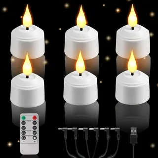 Vartegas 6 Stück Wiederaufladbare LED Teelichter mit Fernbedienung und Timer, Teelichter LED Aufladbar Elektrische LED Kerzen für Home Deco Halloween Weihnachten (A)