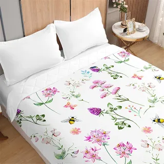 Oduo Tagesdecken Steppdecke Bettüberwurf für Doppelbett Einzelbett Kinder, Blumen Druck Bettdecke Stepp Decke Tagesdecke mit Präge Gesteppt Waschbare Wohndecke (Lila Blume Biene,150x200cm)