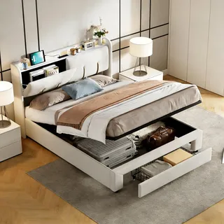 Doppelbett 140x200 mit Kopfteil Stauraum, Hydraulisches Bett mit 1 Schubladen, Funktionsbett mit LED und USB Ladeanschluss, Stauraumbett Jugendbett bettgestell mit Lattenrost, Samt (Creme, 140×200cm)