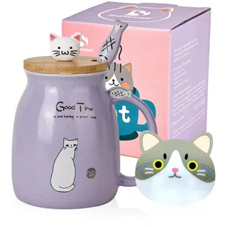 Katze-Becher Süße Kaffeetasse aus Keramik mit Kawaii-Katze Holzdeckel und schöner Löffel aus Edelstahl Neuheit Morning CupKaffee-Milch-Tee-Becher - 3D-Tier Katzen-Tassen für Katzenliebhaber Frau