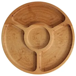 BRIZOLL Kochbesteck-Set Ø25cm Servierplatte aus natürlichem Holz (mit 5 geteilten Fächern), Board
