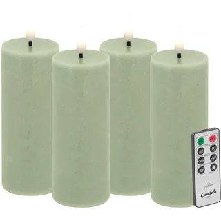 Candela LED Kerzen 4er Set H:10xØ5cm grün rustic Echtwachs mit Fernbedienung Timer Funktion & mehrstufig dimmbar flammenlos Echtwachskerzen Stumpenkerze