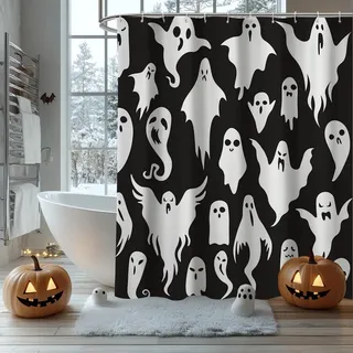 AIBIIN Halloween-Duschvorhang, 180 x 180 cm, Cartoon-Motiv, schwarz-weiß, lustiger Badevorhang, niedliches und lustiges Dekor, wasserdicht, langlebig, Stoff, Heimdekoration, Polyester-Material mit 12