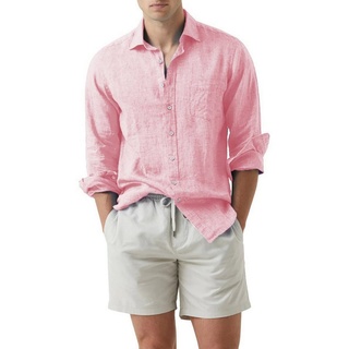 JMIERR Leinenhemd Business Leinen Hemden Shirts Baumwolle Freizeithemd Sommerhemd S-2XL (Leinenhemd) rosa L