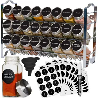 Deco haus® Gewürzregal mit Gewürzgläser Eckig - Gewürzgläser mit Regal - Gewürzregal Wand, Gewürzständer mit 24 Gewürzdosen Set - Metall Gewürzregal ohne bohren