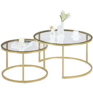 Soayone Couchtische Gold, Couchtisch Glas mit Gold Metallgestell, Couchtisch 2er Set, Runder Wohnzimmertisch, Stubentisch, Couch Tisch 80x80x45 & 60x60x35 cm