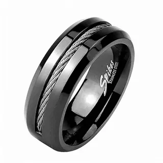 Taffstyle Fingerring Herren Band Ring Edelstahl mit eingefassten Kabel, Band Ring Bandring Herrenring Partnerring Biker Rocker schwarz 62 - Ø 19,7mm