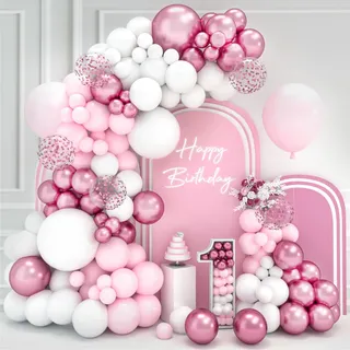 Rosa Luftballons Girlande,106 Stück Hello Kitty Geburtstagsdeko Luftballon Girlande Rosa-Weiß mit Konfetti Luftballon, Ballons Rosa Pastell für Geburtstags Mädchen Frau BabyParty Baby Shower Birthday