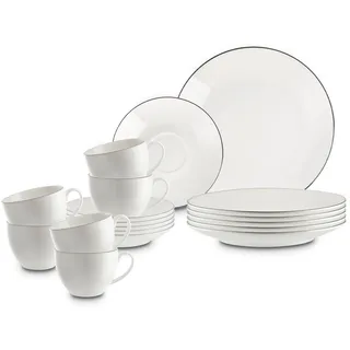 Peill+Putzler Germany, Kaffeeservice für 6 Personen aus hochwertigem Porzellan, 18-teiliges Geschirrset in weiß mit schwarzem Rand, 6x Dessertteller, 6x Kaffeetassen, 6x Kaffeeuntertassen