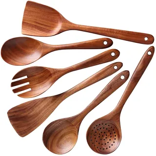 NAYAHOSE Holz Kochbesteck-Set, Premium Küchenutensilien-Set aus 100% Natürlichem Teakholz, Antihaftbeschichtet Kochlöffel Holz, Kochlöffel und Pfannenwender, Salatgabel 6-Teiliges-Set