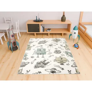 AKCILA Lima Roboter Planeten 150x200 cm,Kurzflor Teppich Schlafzimmer, Kinderzimmer Teppich, Babyzimmer Teppich,Teppiche Gegend, Dekorativ Kids Carpet, Kinderteppich, Spielteppich Kinder