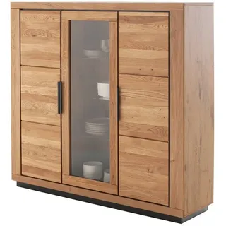 Massivart® Highboard GRENO 153 cm / Massivholz Wildeiche geölt / Metallgriffe, 1 Glastür / 2 Türen / 3 Glas- und 6 Einlegeböden beige