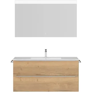 Badmöbel-Set NOBILIA "Levere", braun (eiche sierra nachbildung), B:121cm H:169cm T:48,7cm, Kastenmöbel-Sets, Badmöbel-Set, inkl. Spiegel mit Touch-Sensor, in vier Breiten