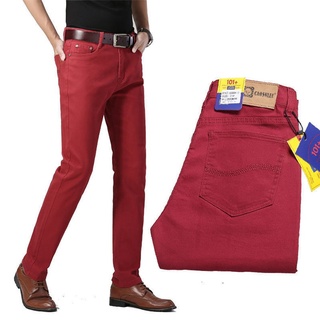 Jeans der hohen Männer Herbst-mittlere Taillen-lose beiläufige Hosen-männliche klassische gelbe rote Denim-Hose