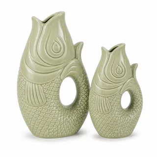 WESTCRAFT Fischvase aus Keramik, 4 Pastell Farben, 9 bis 22 cm, Koi Karpfenform, Blumenvase für stilvolles Wohnen, für dekorative Tischdekoration zuhause (Salbei – 2er Set (16 + 22 cm))
