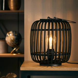 Lightbox Tischlampe mit 27 cm - Boho Tischleuchte mit Schalter - E27, max. 60 W - aus Bambus/Metall - in Holz Dunkel/Schwarz