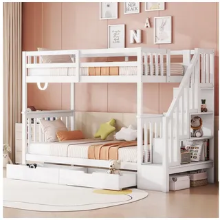 MODFU Etagenbett Kinderbett (Treppenregal, ausgestattet mit zwei Schubladen, hohe Geländer, 90*200cm), ohne Matratze weiß