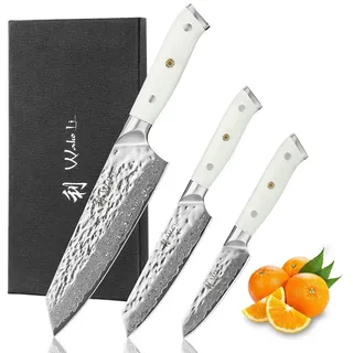 Wakoli Messer-Set Perle Blanche Damast 3-tlg.Küchenmesserset G10 Griffe in Geschenkbox (Damastmesser-Set, 3-tlg., 3er Damastmesser-Set), Hammerschlag-Klinge, Full-Tang-Griff silberfarben|weiß