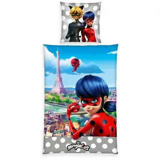 Herding Jugendbettwäsche 135x200cm Be Miraculous Ladybug Paris, Renforcé, 2 teilig, grau weiß gepunktet, Digitaldruck, Reißverschluss bunt