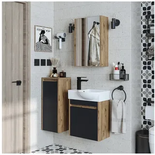 Roomart Badmöbel-Set LEO Gäste-WC Möbel 4-teilig, Unterschrank & Spiegel, Soft-Close, (Badmöbelset Unterschrank mit Waschbecken Badezimmer Möbel Gäste WC), Kompaktes Gäste-WC-Set, modular wählbar, Soft-Close