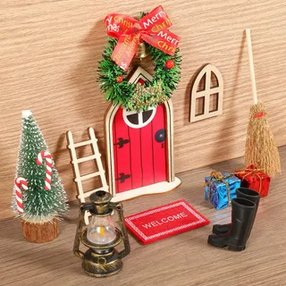 Wichteltür Zubehör Set,Miniatur Wichtel Tür Weihnachten Mit Zaun,Weihnachtsbaum,Teppich, Laterne,Kranz,Holzleiter,Stiefel,Besen,Puppenhaus Deko Wichteltür Zubehör Weihnachten Feentür Ornament Set Holz