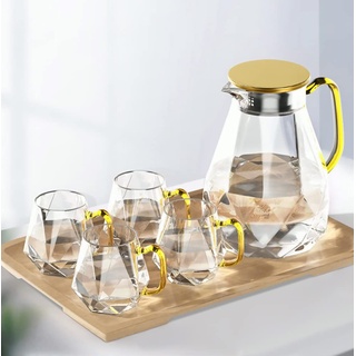 DUJUST Glaskaraffe mit Deckel 2 Liter, mit 4 Tassen, 1 Tablett, Wasserkaraffe im Modernen Schwarz Diamant Design, langlebig Wasserkrug für Eistee/Milch/Kaffee