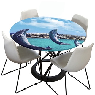 Lukery Tischdecke Abwaschbar Lotuseffekt Gartentischdecke, 3D-Delfin Gummiband Tischdecke Rund Tischdecken Tischtuch für Outdoor Indoor Schutz (Durchmesser 140cm,Himmelblau)