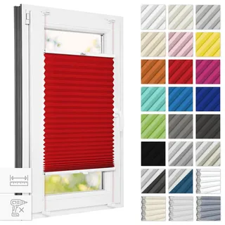 Estika Plissee ohne Bohren 80 cm x 120 cm - Rot - Bruchfeste Klemmhalter, Plissee Klemmfix, Rollos für Fenster ohne Bohren, Jalousien Fenster für innen, Raffrollo, Fensterplissee