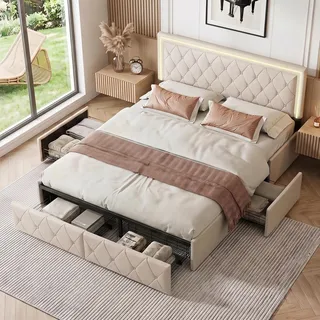 Polsterbett Doppelbett 140x200 cm mit 4 Schubladen, Gepolstertes Bett mit bettkasten Aufbewahrungsbett mit Lattenrost, Doppelbett für Erwachsene und Jugendliche, Weiß (Weiß, 140 x 200 cm)