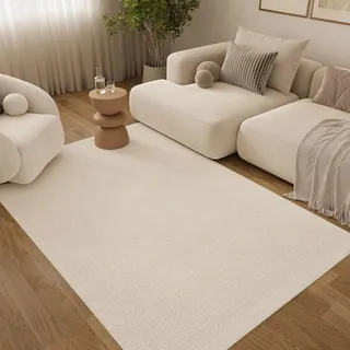 TAPISO Loni Wollteppich handgewebt Natur Weiß Wohnzimmer 140 x 200 cm | Wollwebteppich Wolle und Baumwollteppich Hand Made pflegeleicht für Schlafzimmer Flur Esszimmer